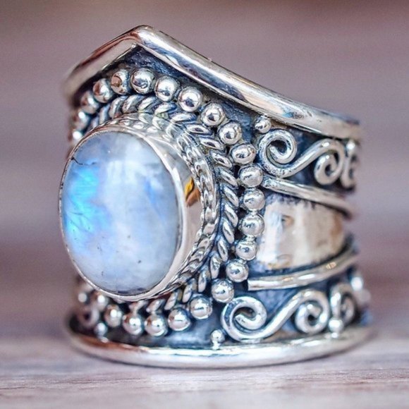NEW 925 Silver Moonstone Vintage Wide Band Ring - Picture 5 of 5